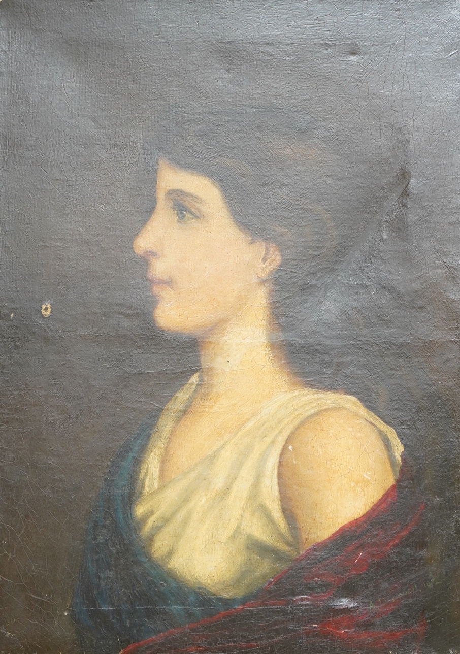 A. Deardell (19th. C), Portrait of a lady in profile, signed and dated 1872, oil on canvas, unframed, 36 x 26cm